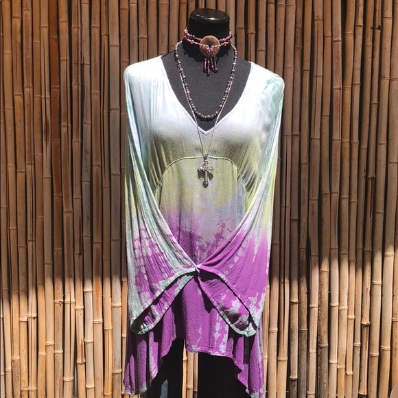 Greater Good Tops - Purple/Aqua/Lime Bohemian Bell Sleeve Tunic L/XL